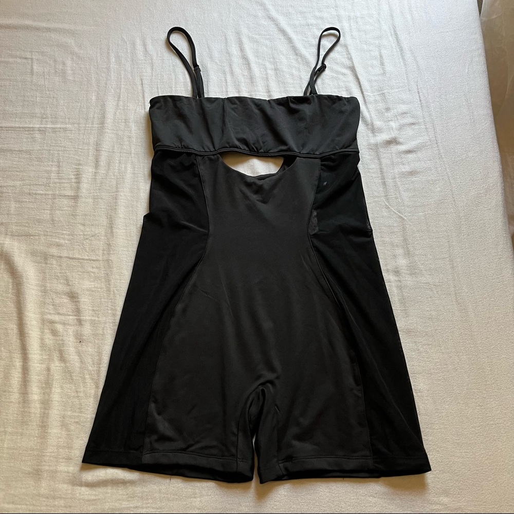 LEAU black sleeveless cutout sheer panel play suit biker romper